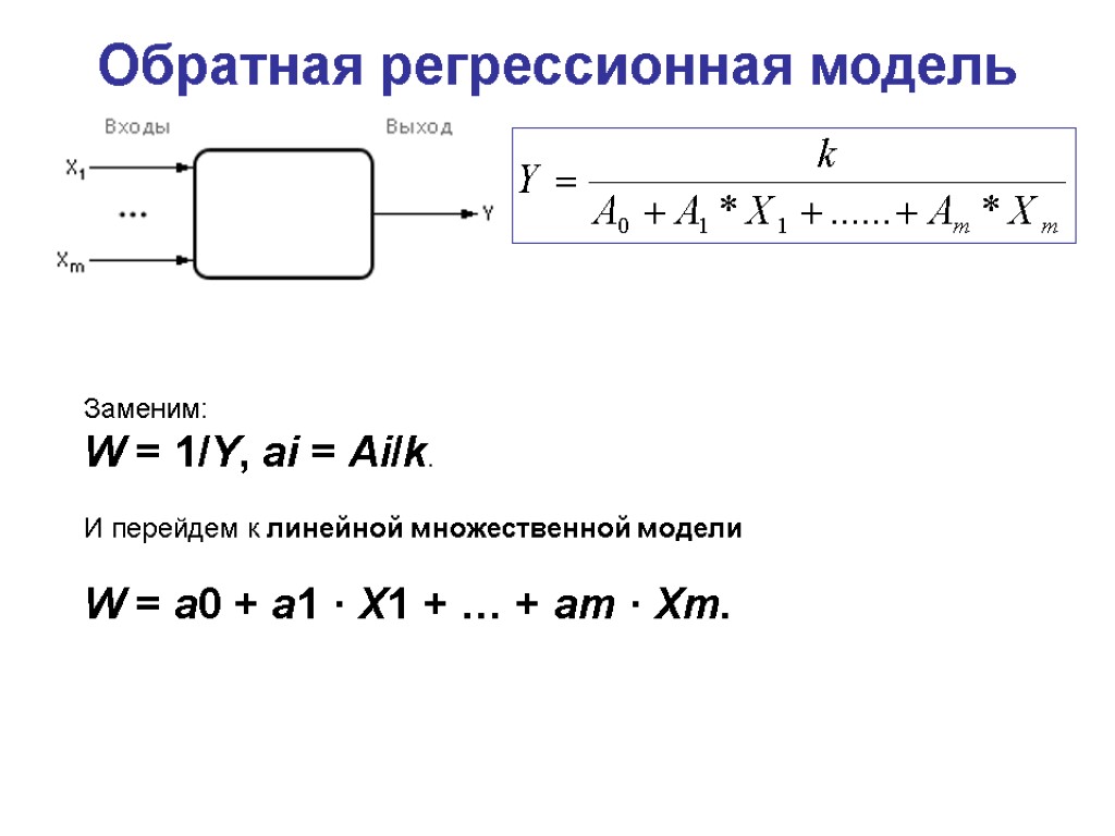 Обратная регрессионная модель Заменим: W = 1/Y, ai = Ai/k. И перейдем к линейной